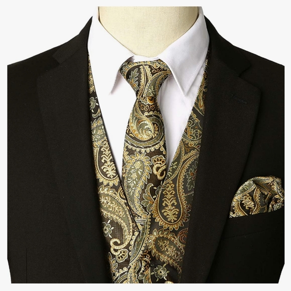 Zeroyaa Classic 3 Pc Black/Gold Vest Set With Tie & Pocket Square Size XXL NWT - Picture 4 of 11